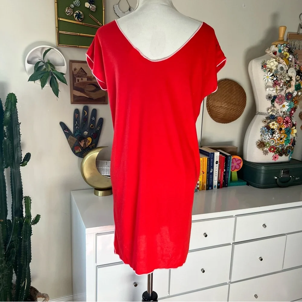 Vintage 1970s Hawaiian Flavor Palm Tree Cover Up Tunic Dress One Size Red/White